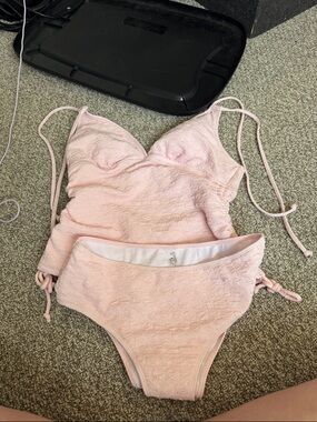 SHEIN Light Pink Textured One-Piece Swimsuit with Side Ties